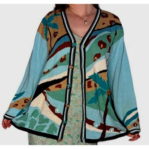 Storybook Knits Cardigan Sweater Womens Plus Size 2X Blue Beach Palms Coastal